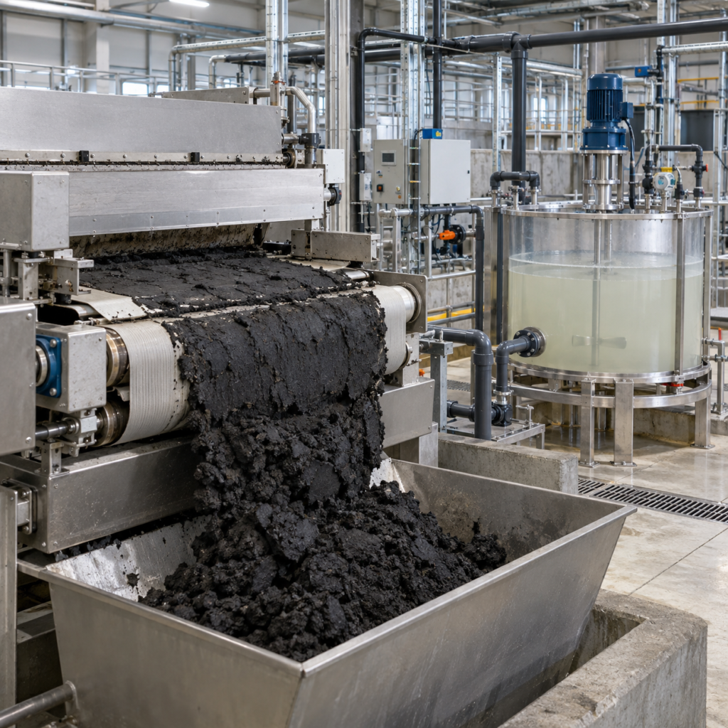 Polyacrylamide solution dosing and sludge dewatering process