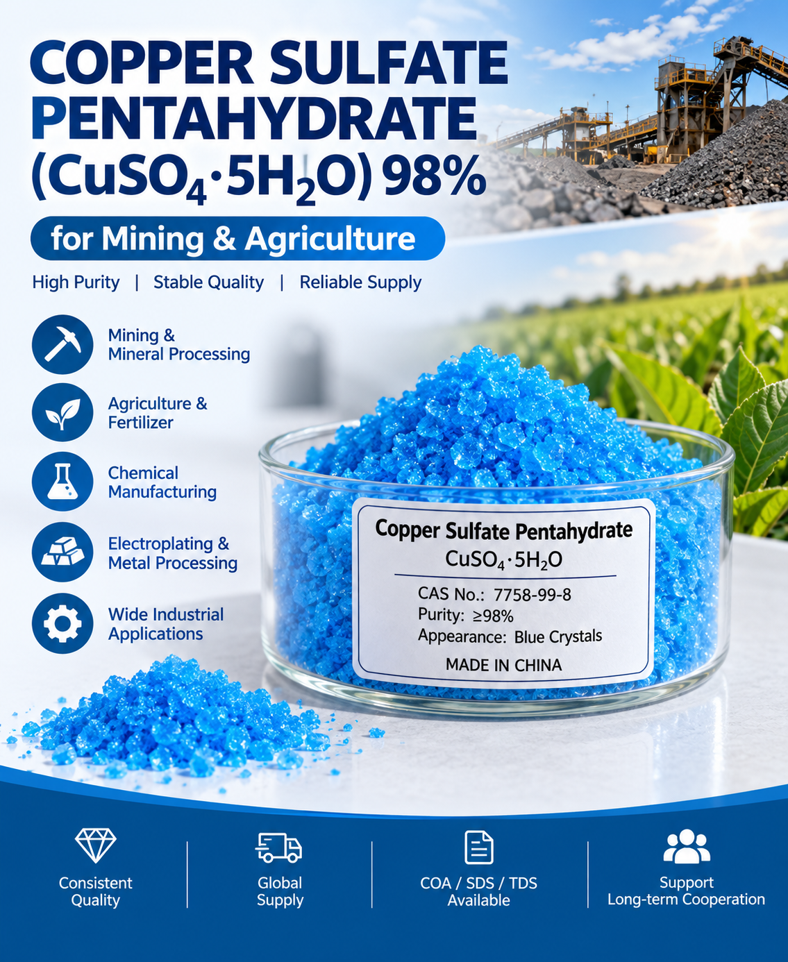 Copper Sulfate Pentahydrate 98% for Mining and Agriculture