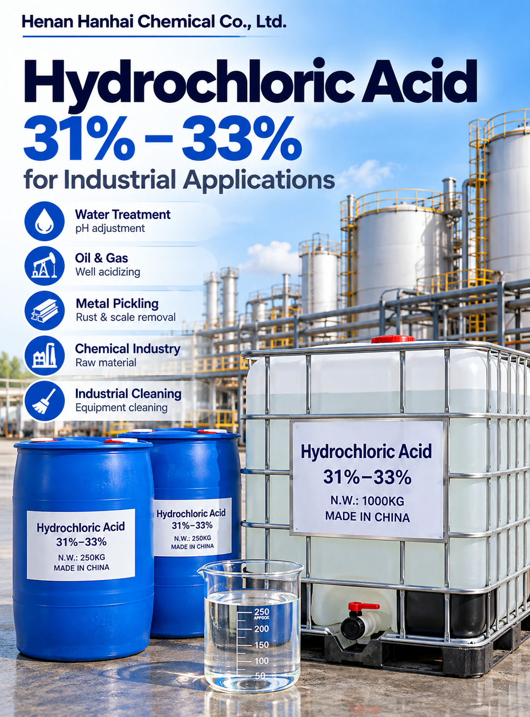 Hydrochloric Acid 31%–33% industrial grade supplier from China