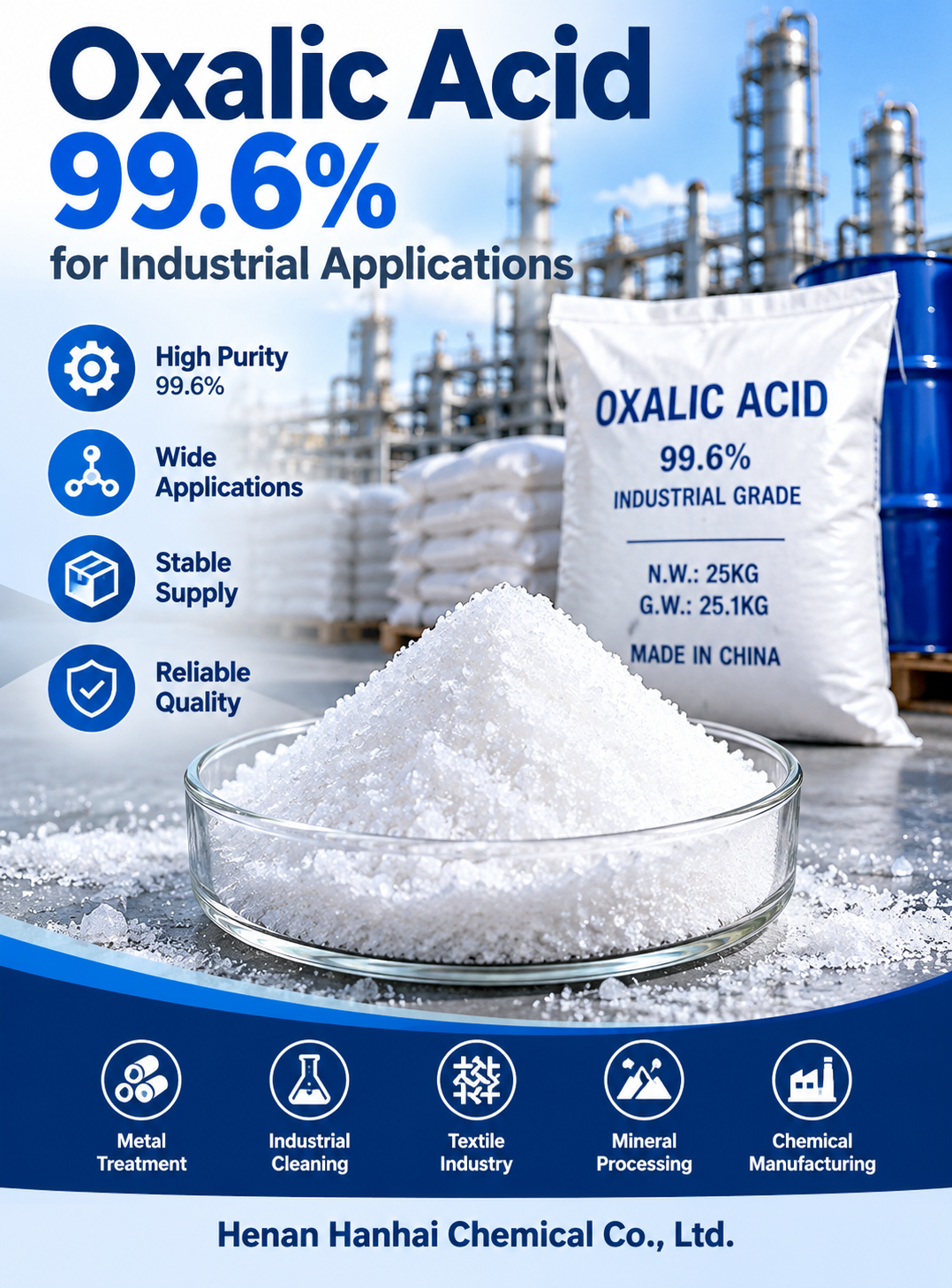 Oxalic Acid 99.6% industrial grade supplier from China