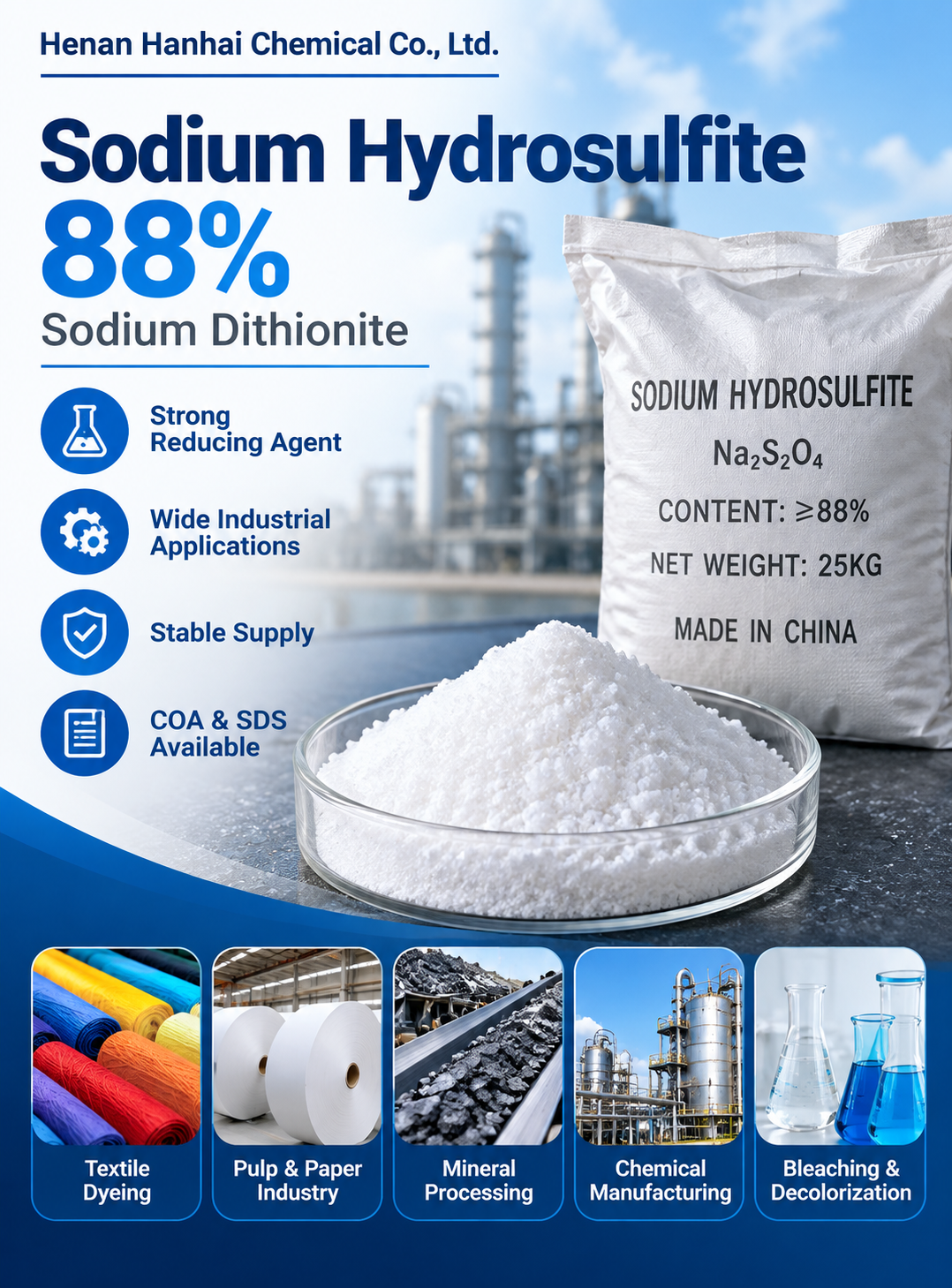 Sodium Hydrosulfite 88% industrial grade supplier from China